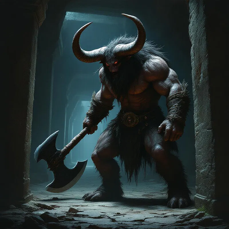 A fierce Minotaur in an underground labyrinth.