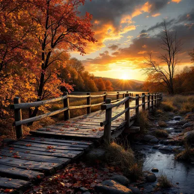 Old wooden bridge during autumn sunset