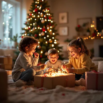 AI generated image of children opening presents under a Christmas tree.