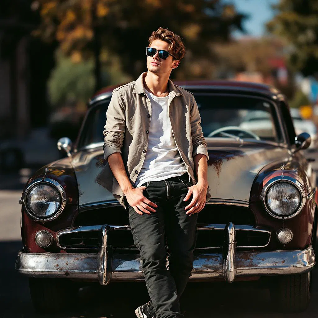 Young man leaning against a vintage car