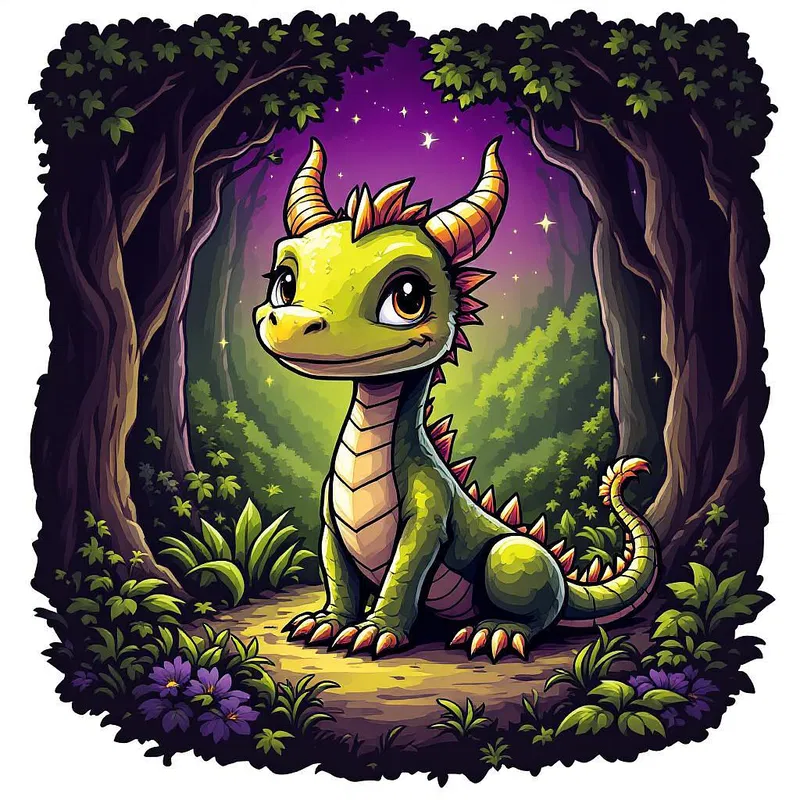 Postcrest: Cartoon dragon in a magical forest.