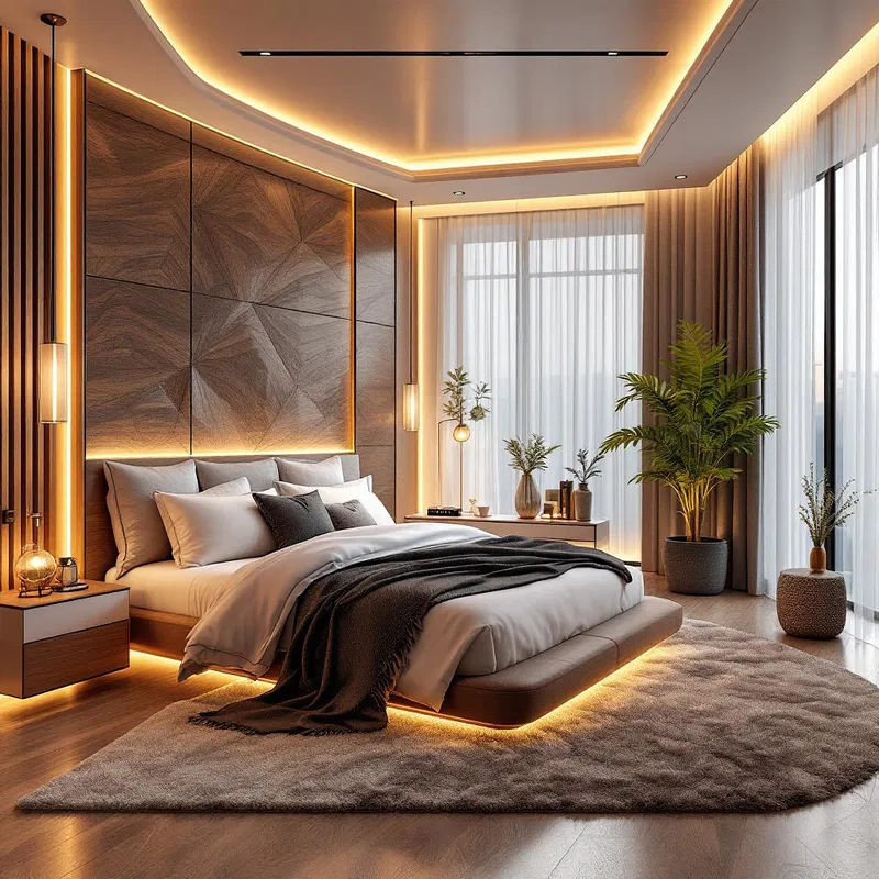 Luxurious AI-generated bedroom with ambient lighting.