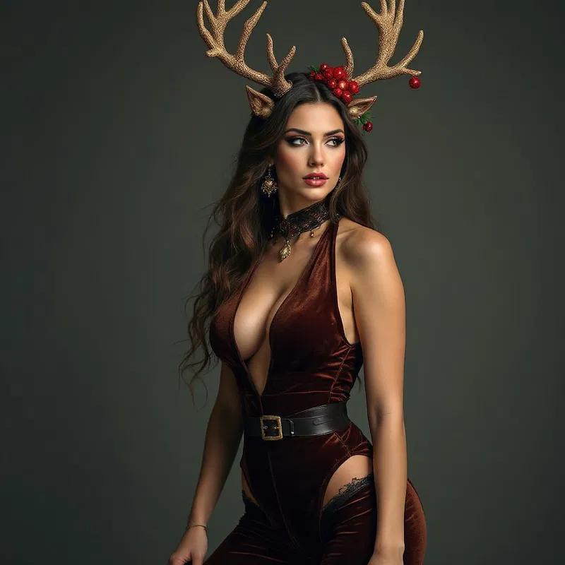 Sexy reindeer-themed ensemble with antlers and brown velvet