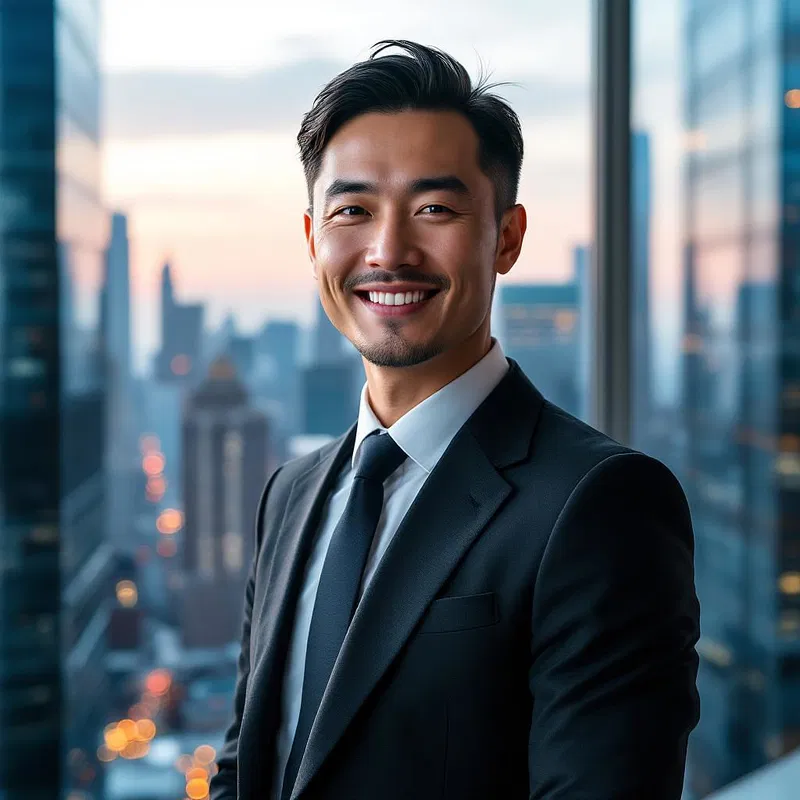 Business professional AI headshot with city view.