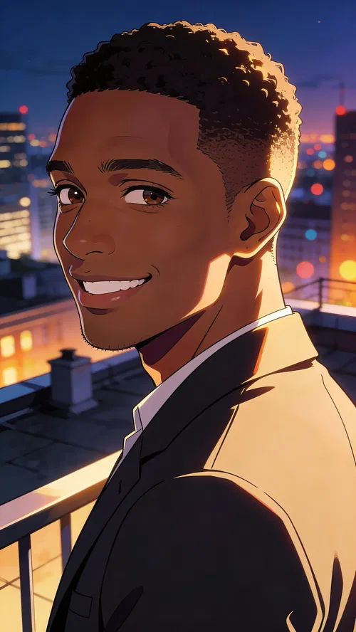 Anime avatar of a Black man in a blazer on an evening rooftop with city bokeh
