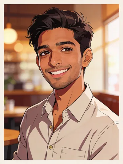 Anime avatar of a South Asian man smiling in a cozy café