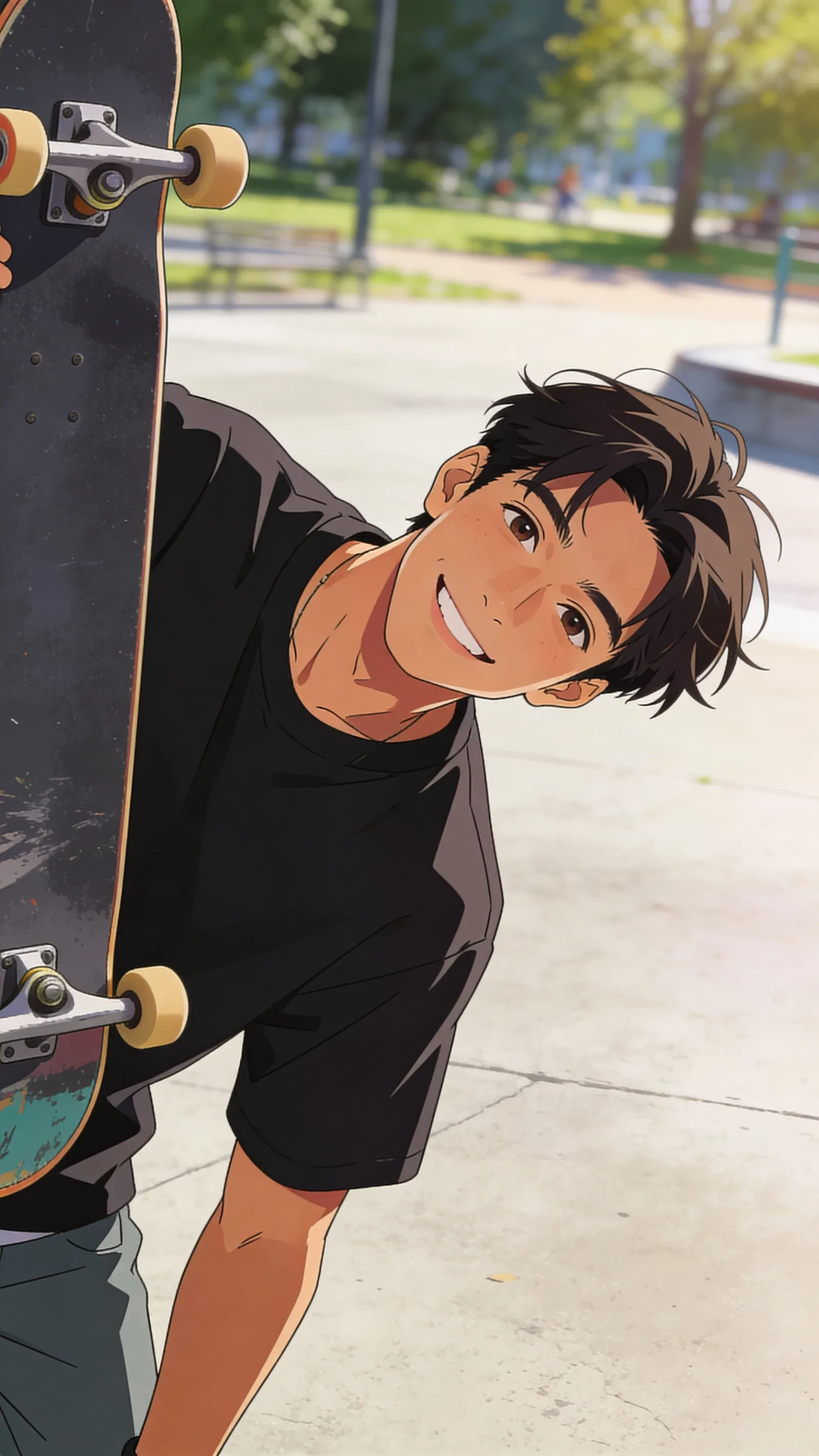 Anime avatar of a Southeast Asian man holding a skateboard outdoors