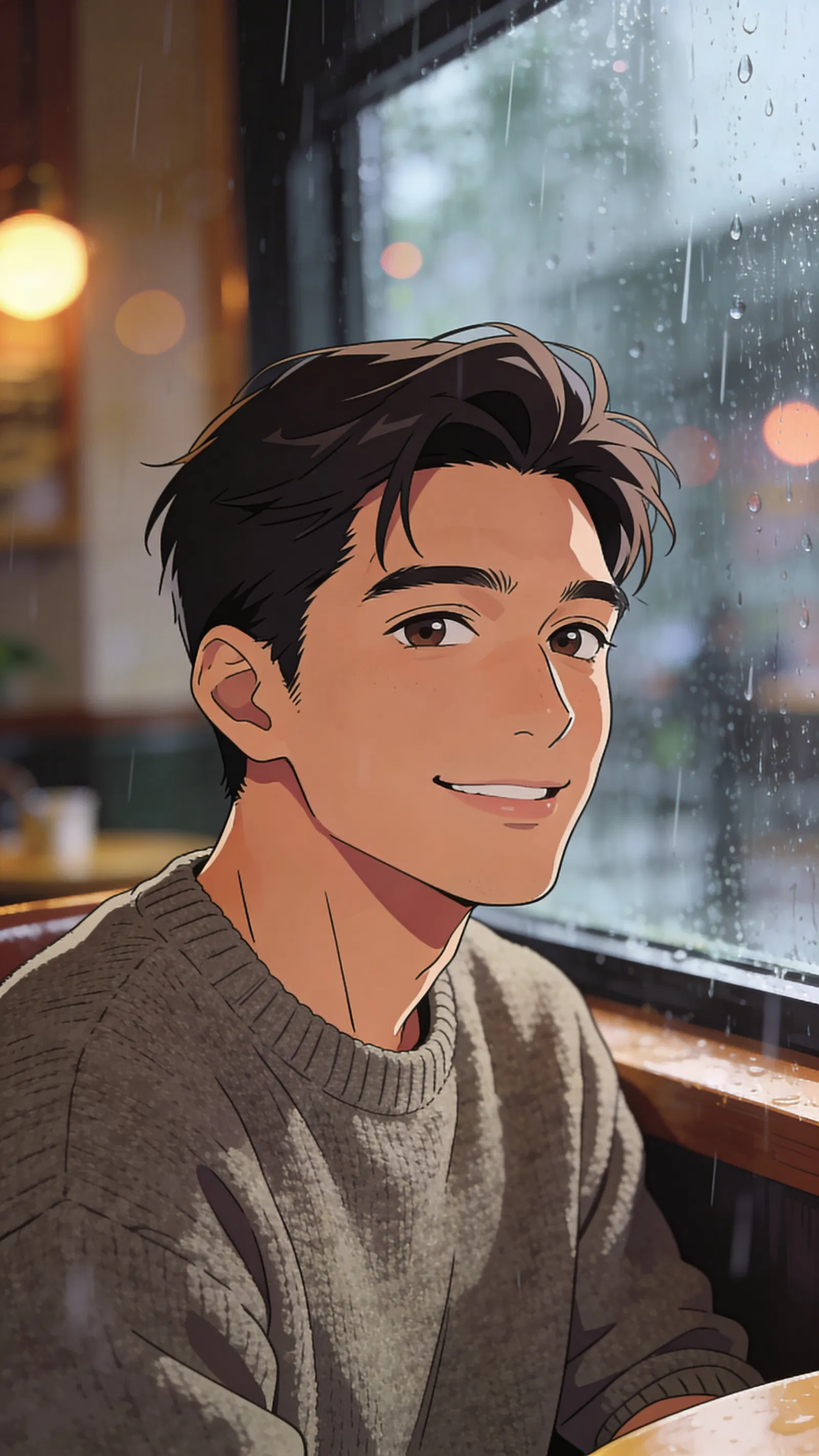 Anime avatar of a Southeast Asian man seated by a café window on a rainy day