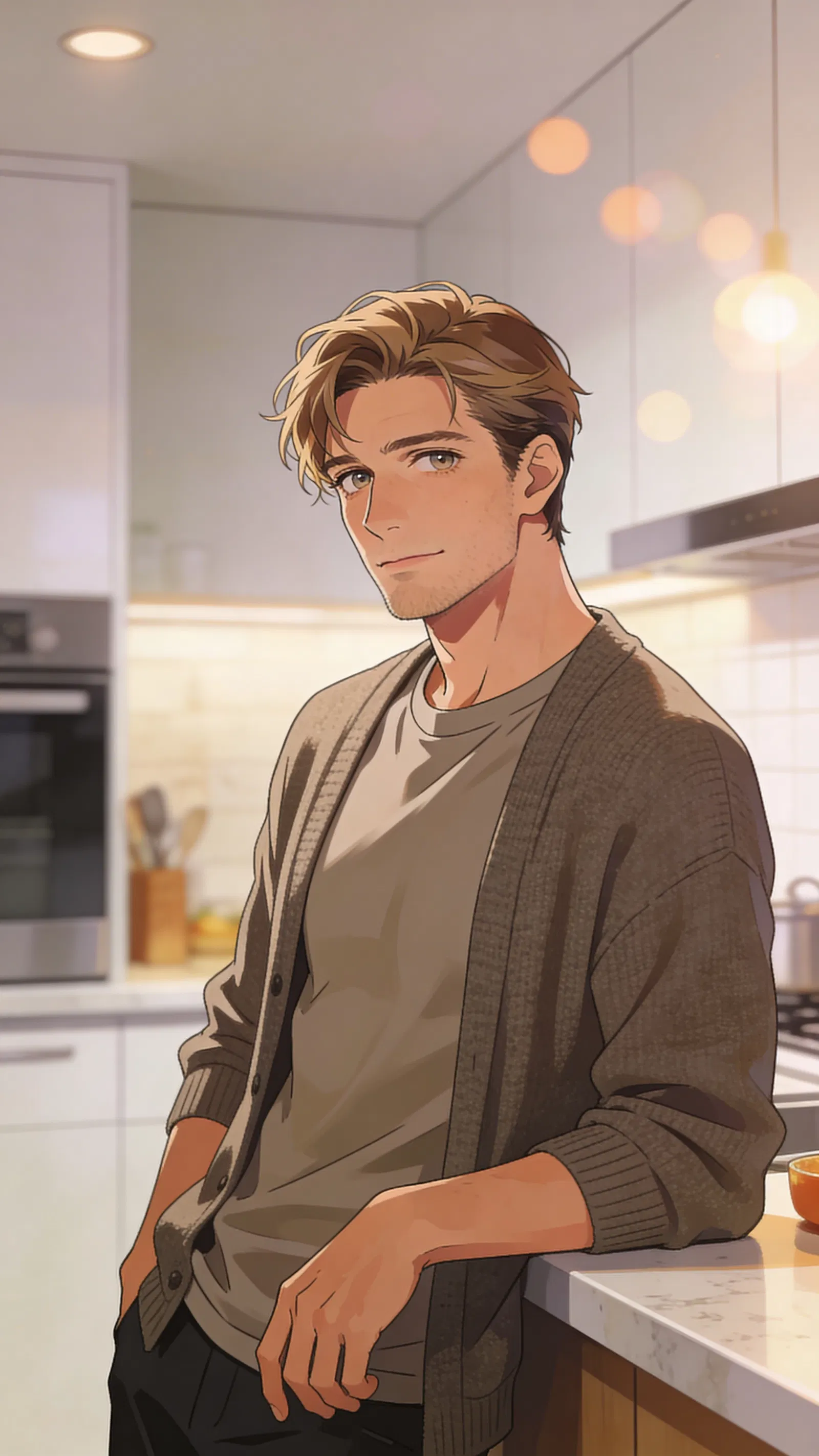 Anime avatar of a White man in a warm modern kitchen setting