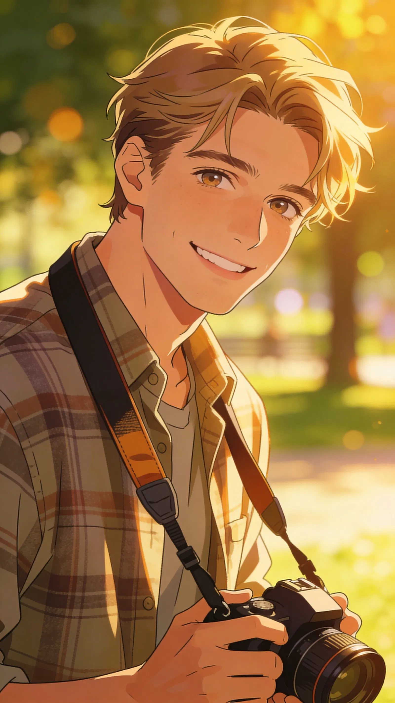 Anime avatar of a White man outdoors at golden hour holding a camera strap