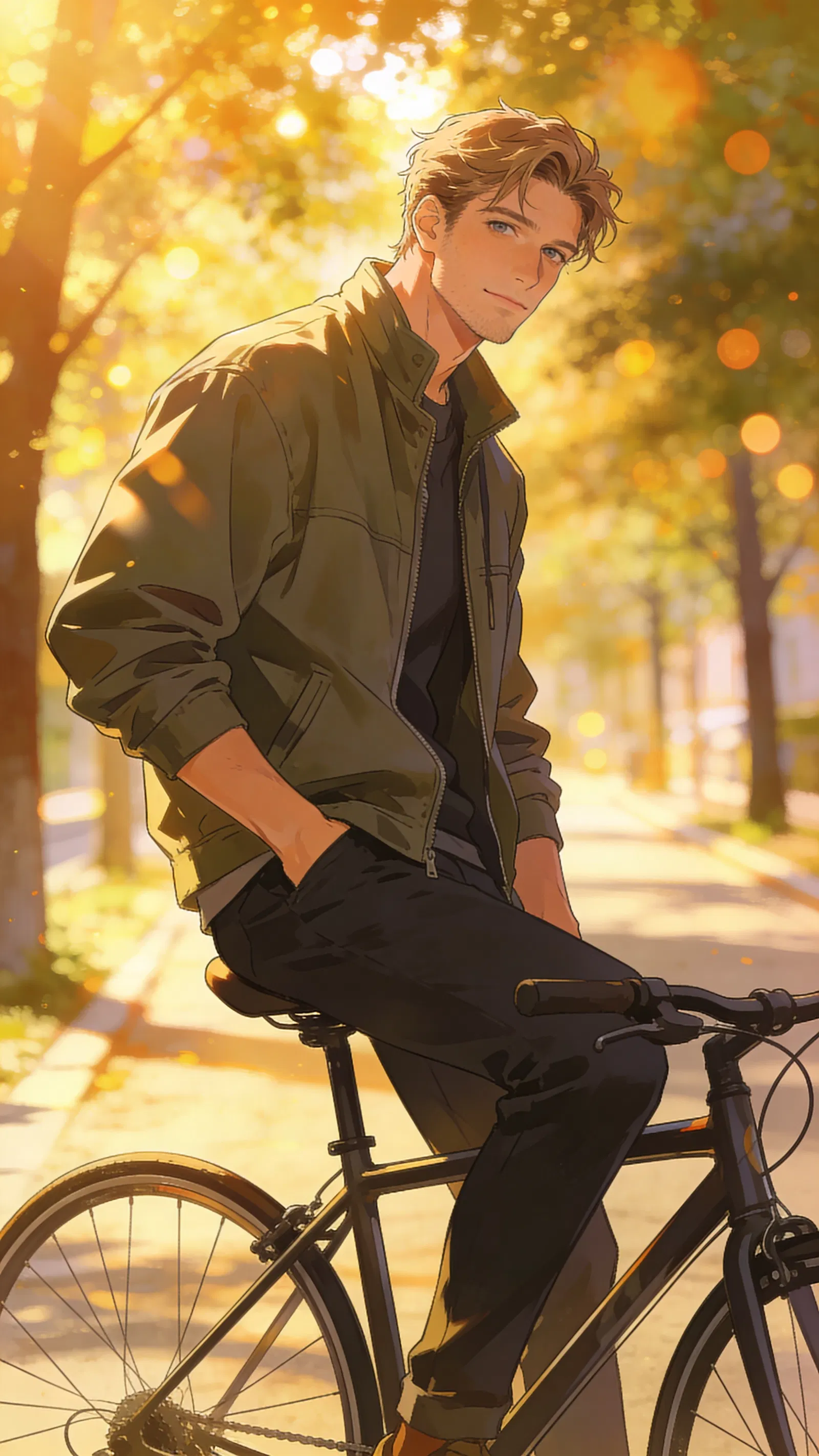 Anime avatar of a White man seated on a bicycle at golden hour