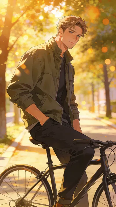 Anime avatar of a White man seated on a bicycle at golden hour