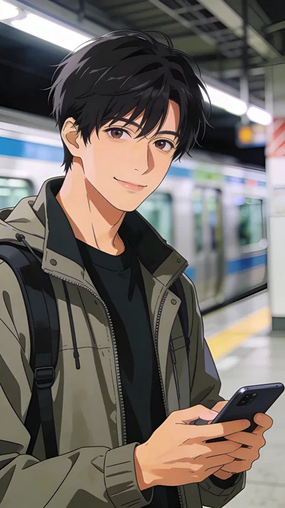 Anime avatar of an East Asian man holding a phone on a subway platform