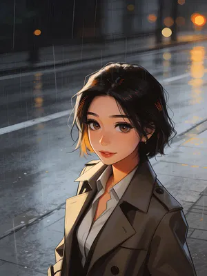Anime avatar of an East Asian woman with moody rainy street background