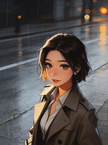 Anime avatar of an East Asian woman with moody rainy street background