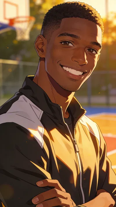 Anime pfp of a Black man at a golden-hour basketball court background