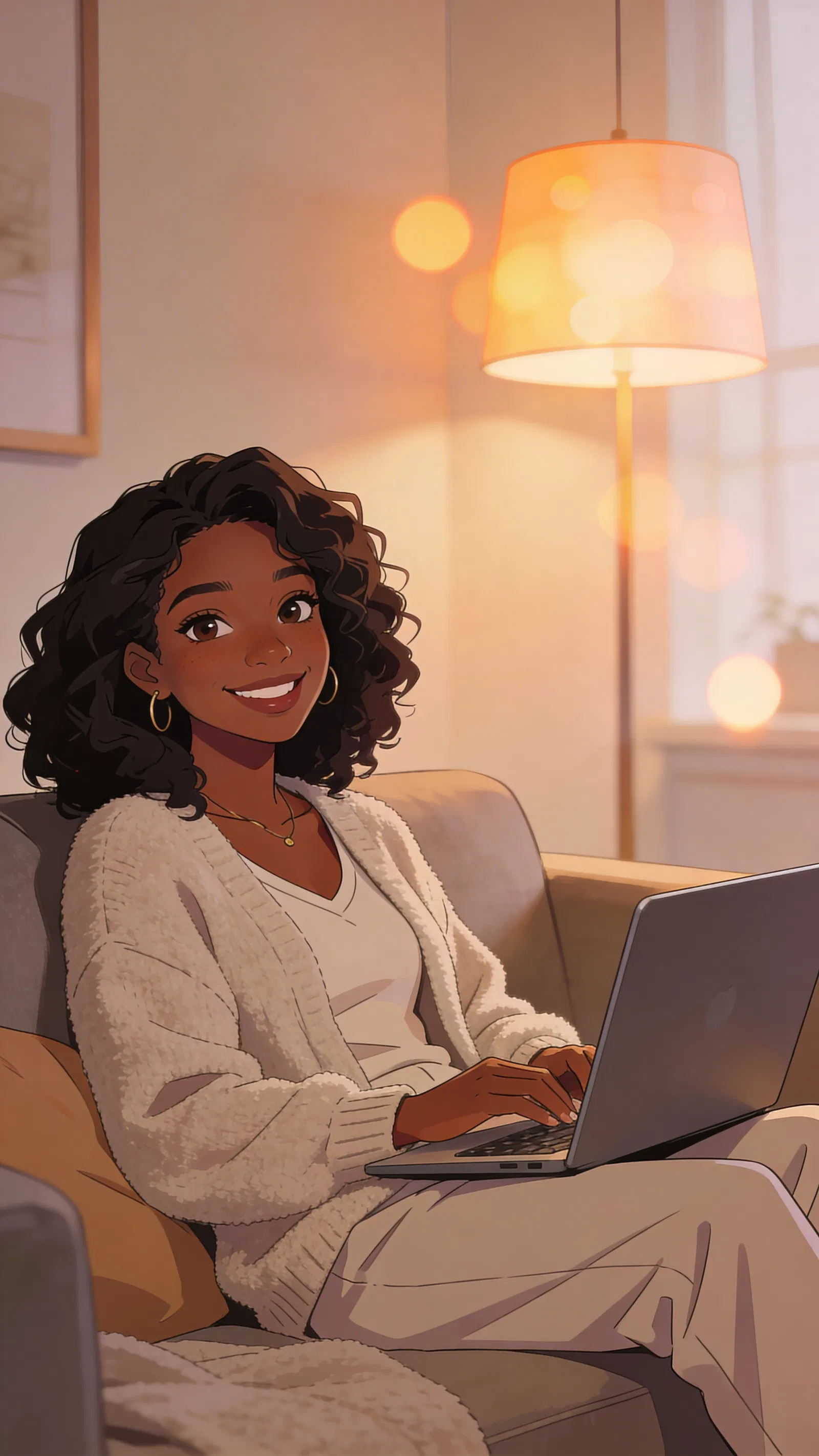 Anime pfp of a Black woman relaxing on a sofa with a laptop