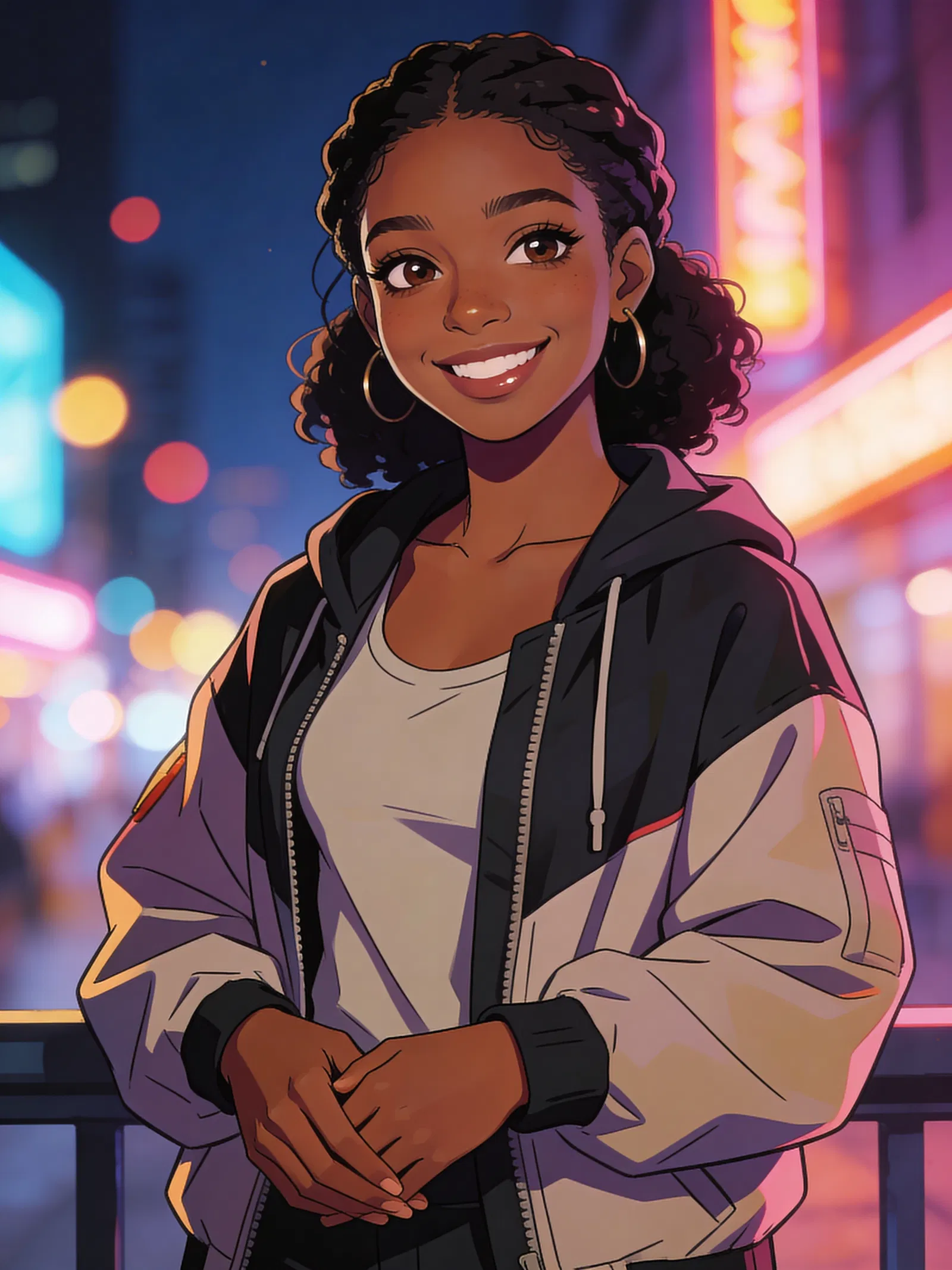 Anime pfp of a confident Black woman with city lights background
