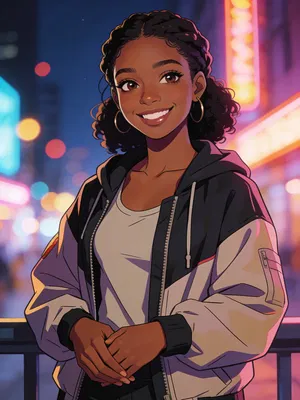 Anime pfp of a confident Black woman with city lights background