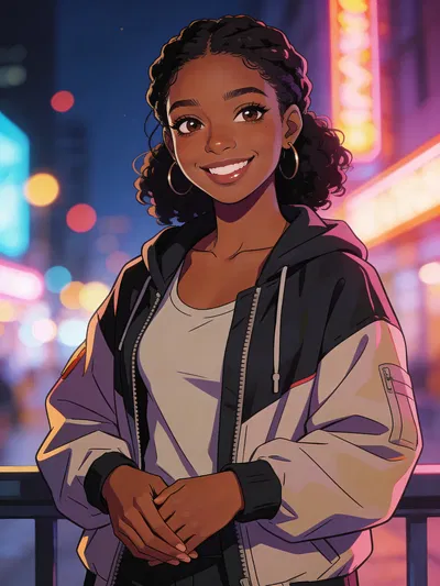 Anime pfp of a confident Black woman with city lights background