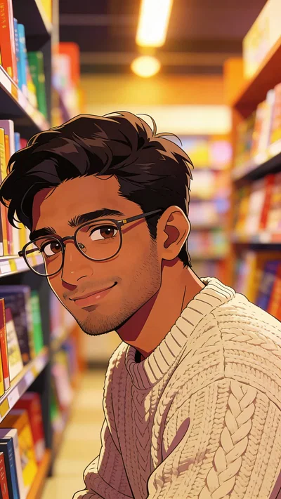 Anime pfp of a South Asian man in a warm bookstore aisle