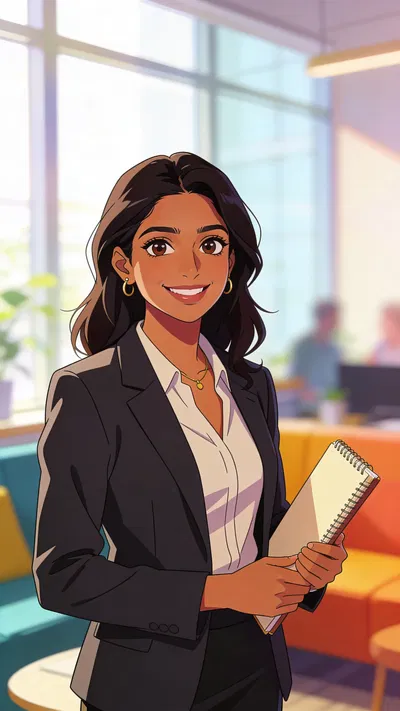 Anime pfp of a South Asian woman in a bright coworking lounge holding a notebook