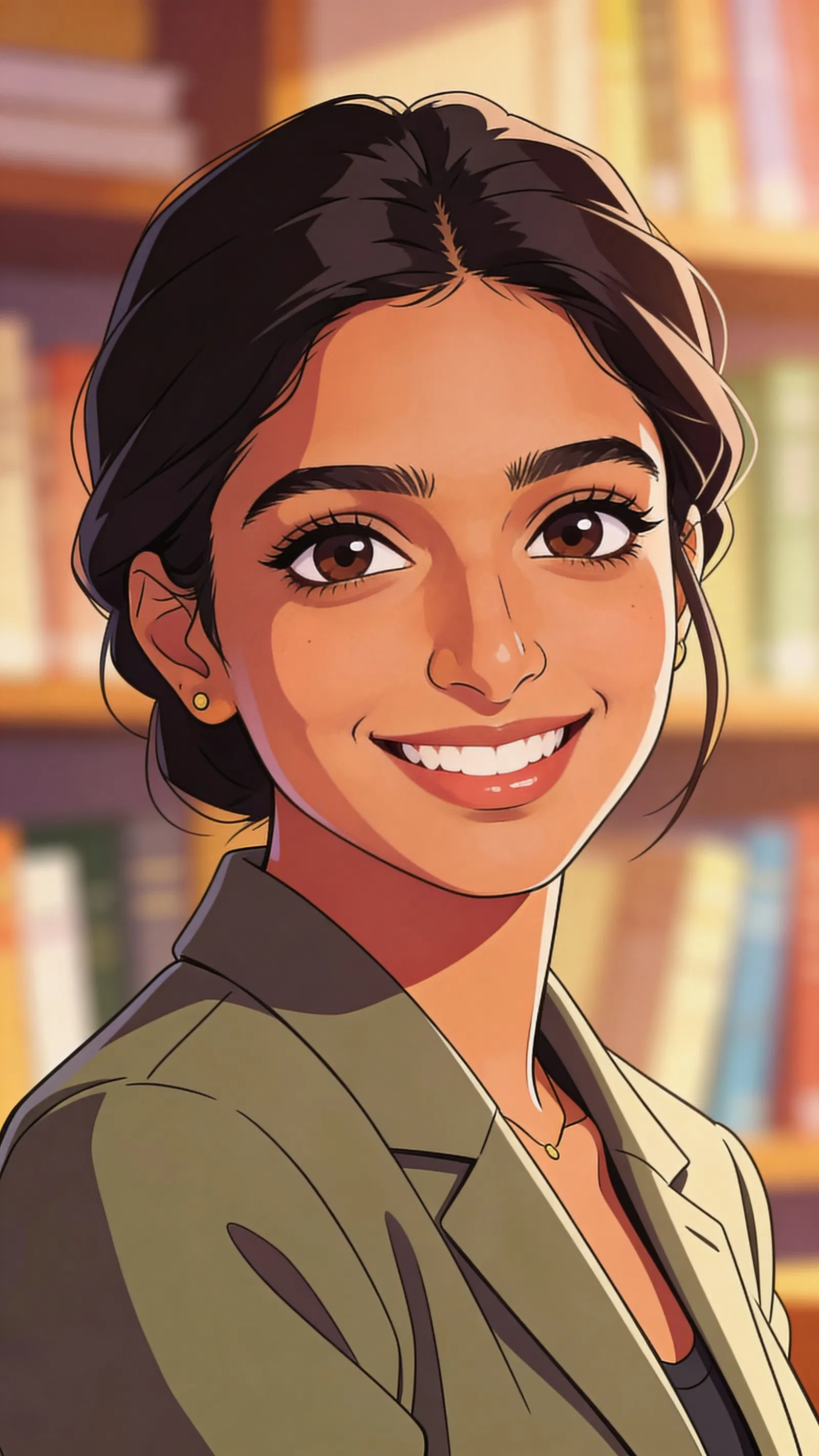 Anime pfp of a South Asian woman with a warm bookshelf background