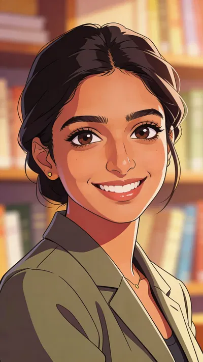 Anime pfp of a South Asian woman with a warm bookshelf background