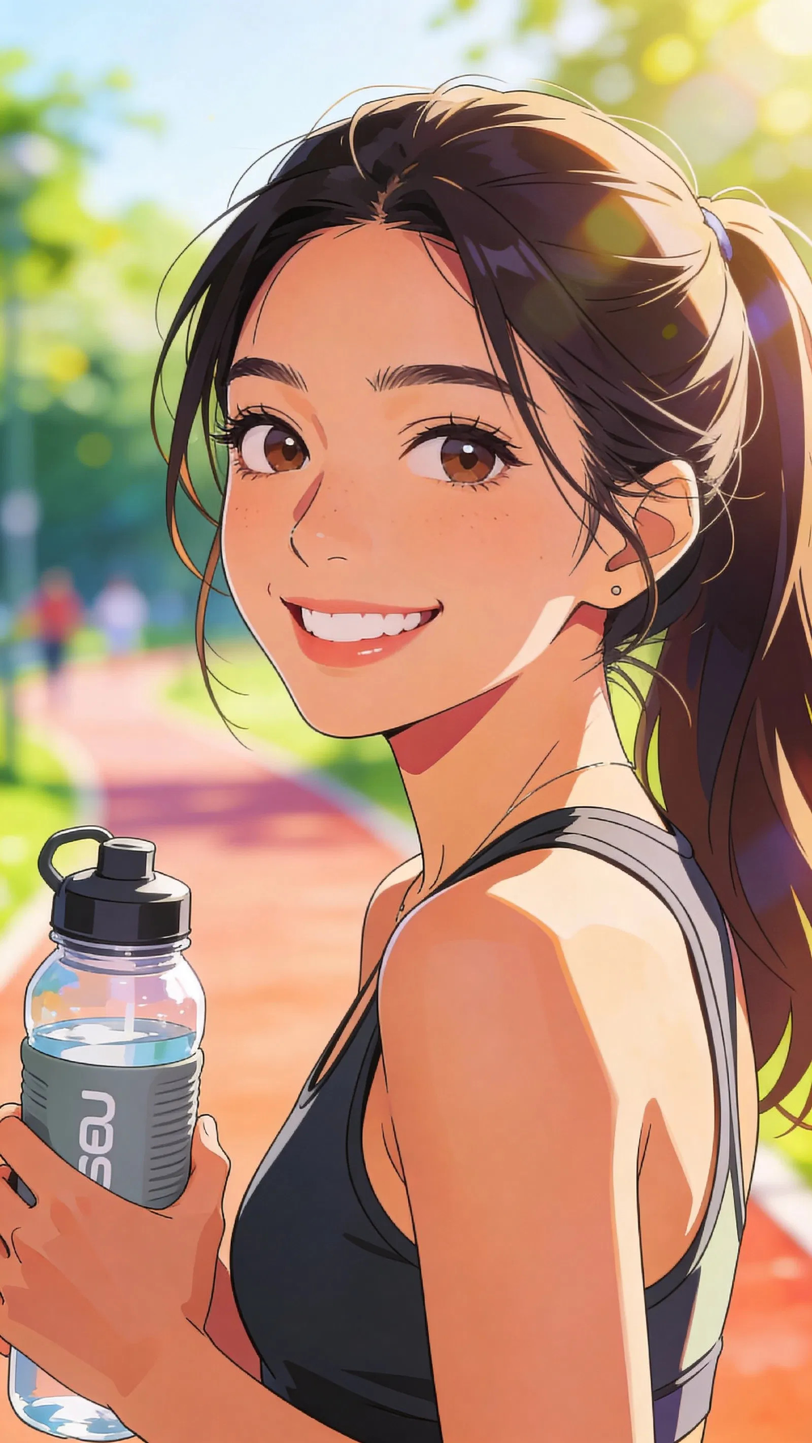 Anime pfp of a Southeast Asian woman on an outdoor fitness trail holding a water bottle