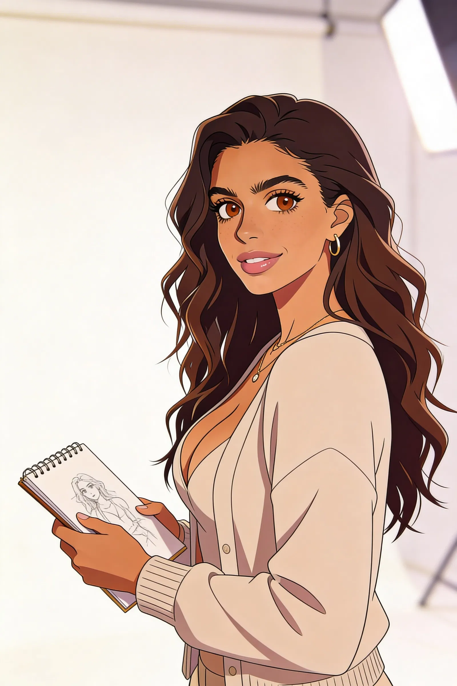 Anime pfp of the same woman holding a sketchbook in a bright studio