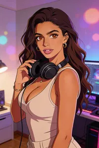 Anime pfp of the same woman with headphones in a streaming corner
