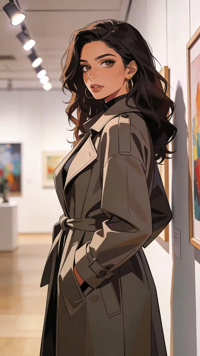 Anime profile photo of a Middle Eastern woman standing in an art gallery