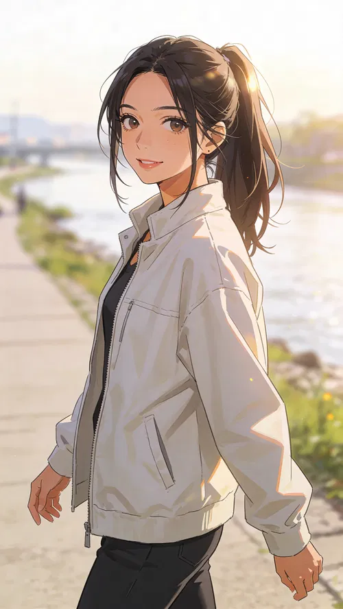 Anime profile photo of a Southeast Asian woman walking by a riverside path