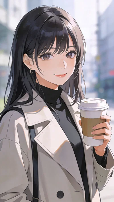 Anime profile photo of an East Asian woman holding coffee in a city morning
