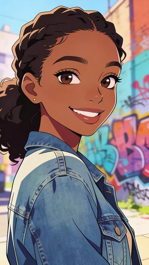 Anime profile picture of a Black woman with an urban mural background