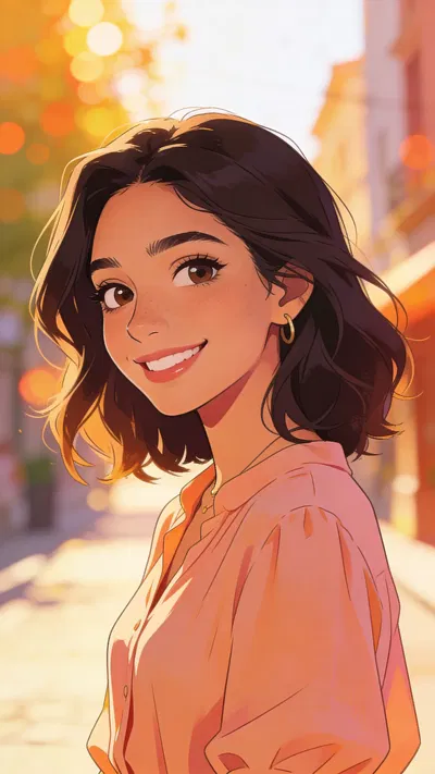Anime profile picture of a Latina woman in warm sunlight on a street background