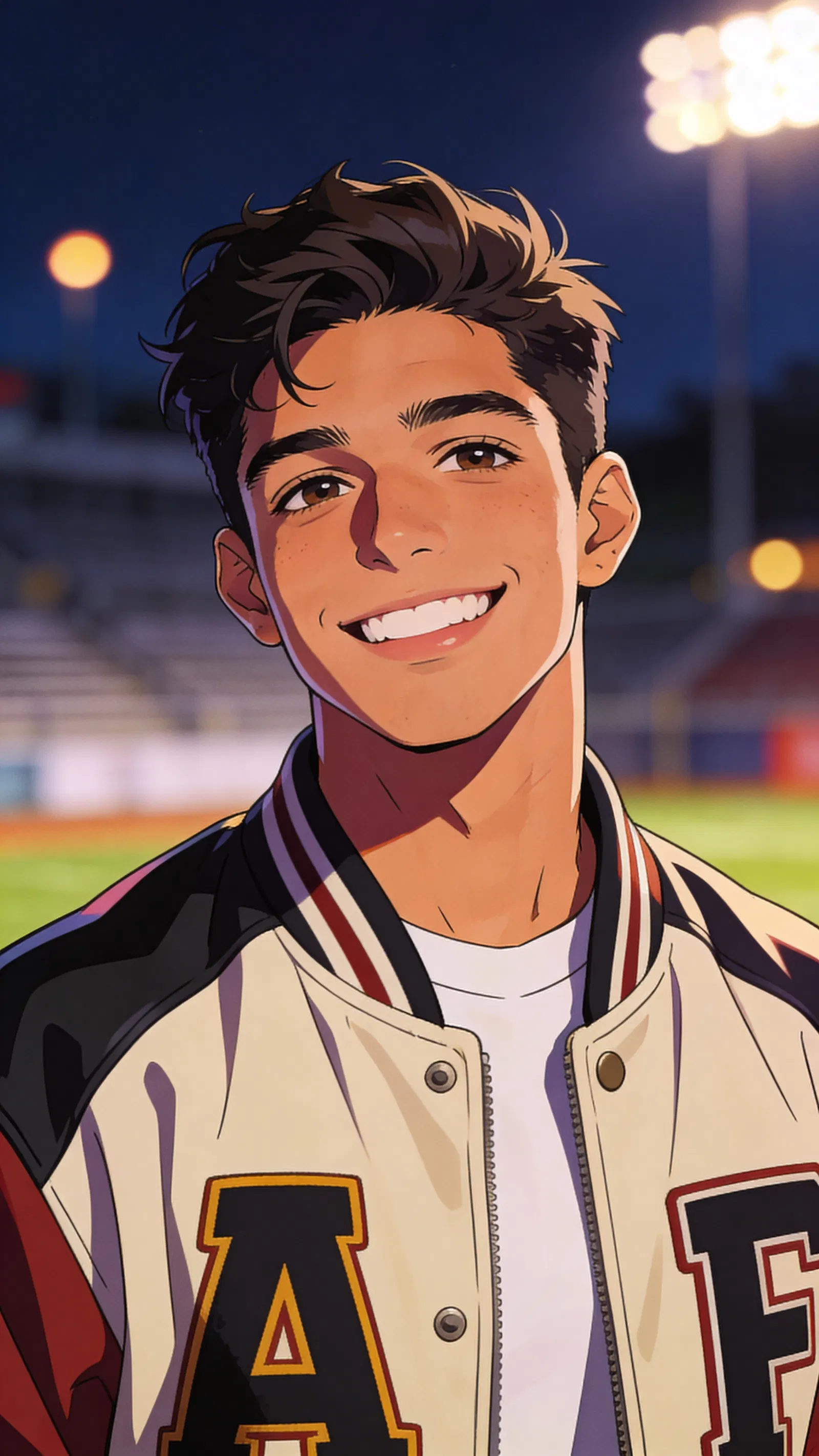 Anime profile picture of a Latino man in a varsity jacket with stadium lights