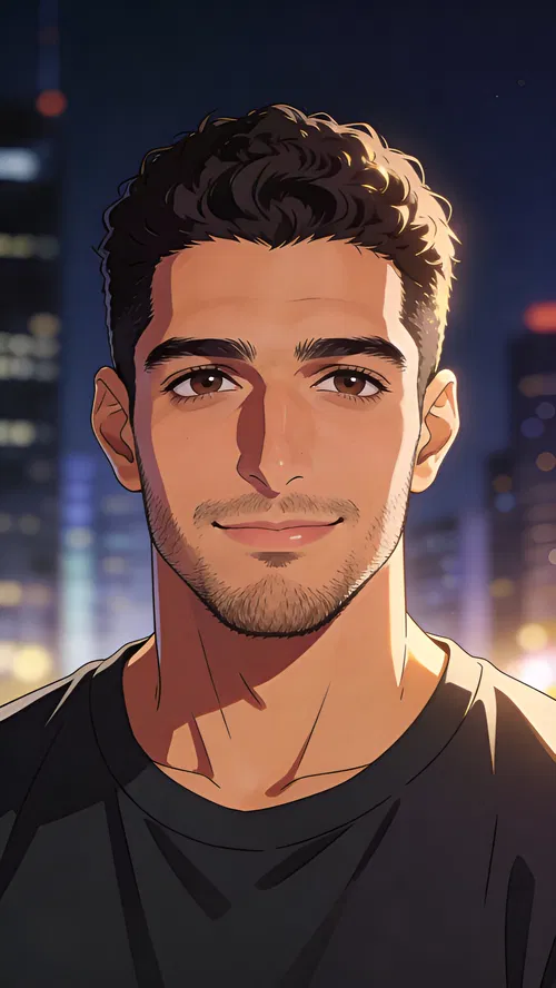 Anime profile picture of a Middle Eastern man with a nighttime city skyline