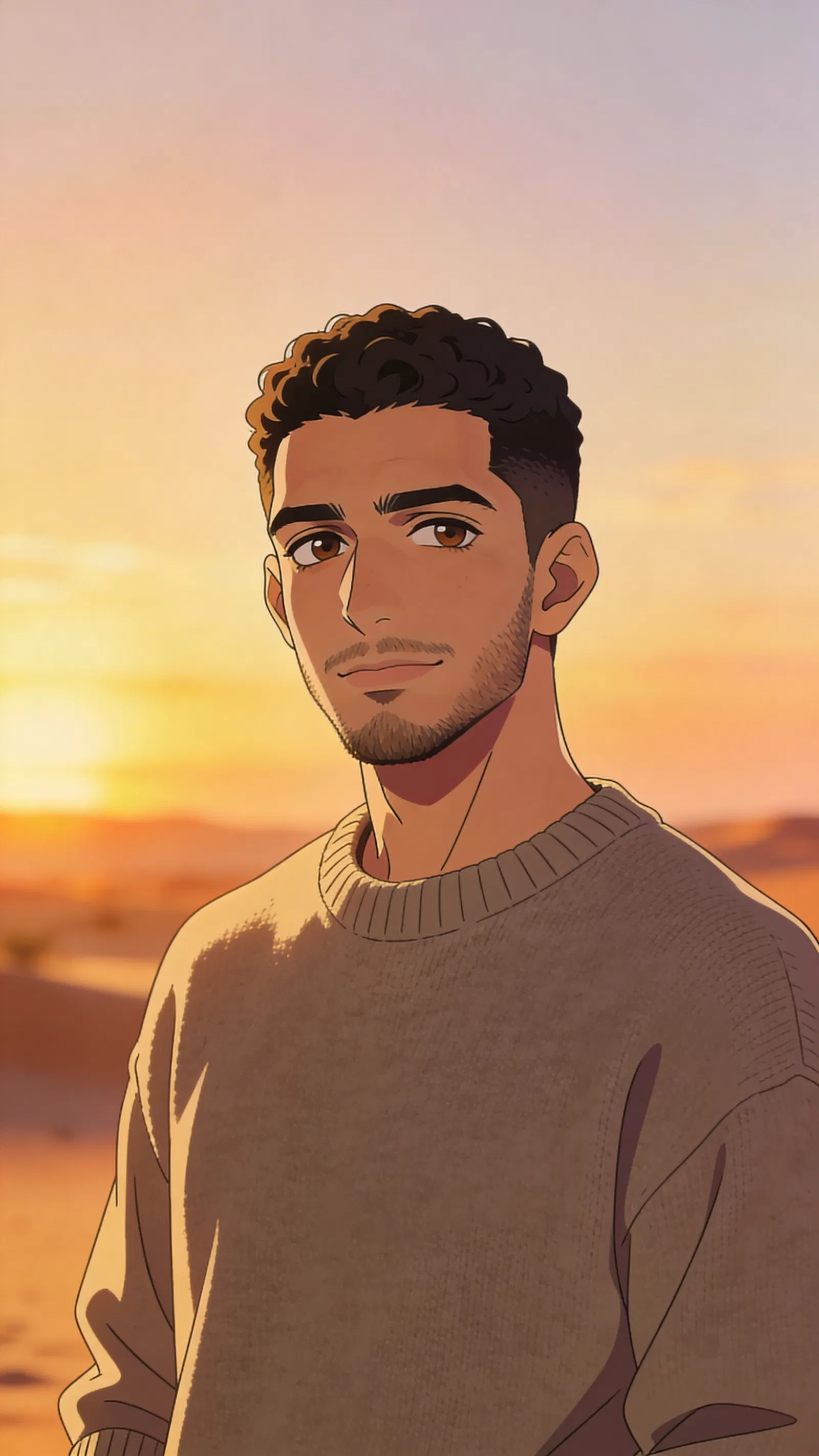 Anime profile picture of a Middle Eastern man with a warm desert sunset background