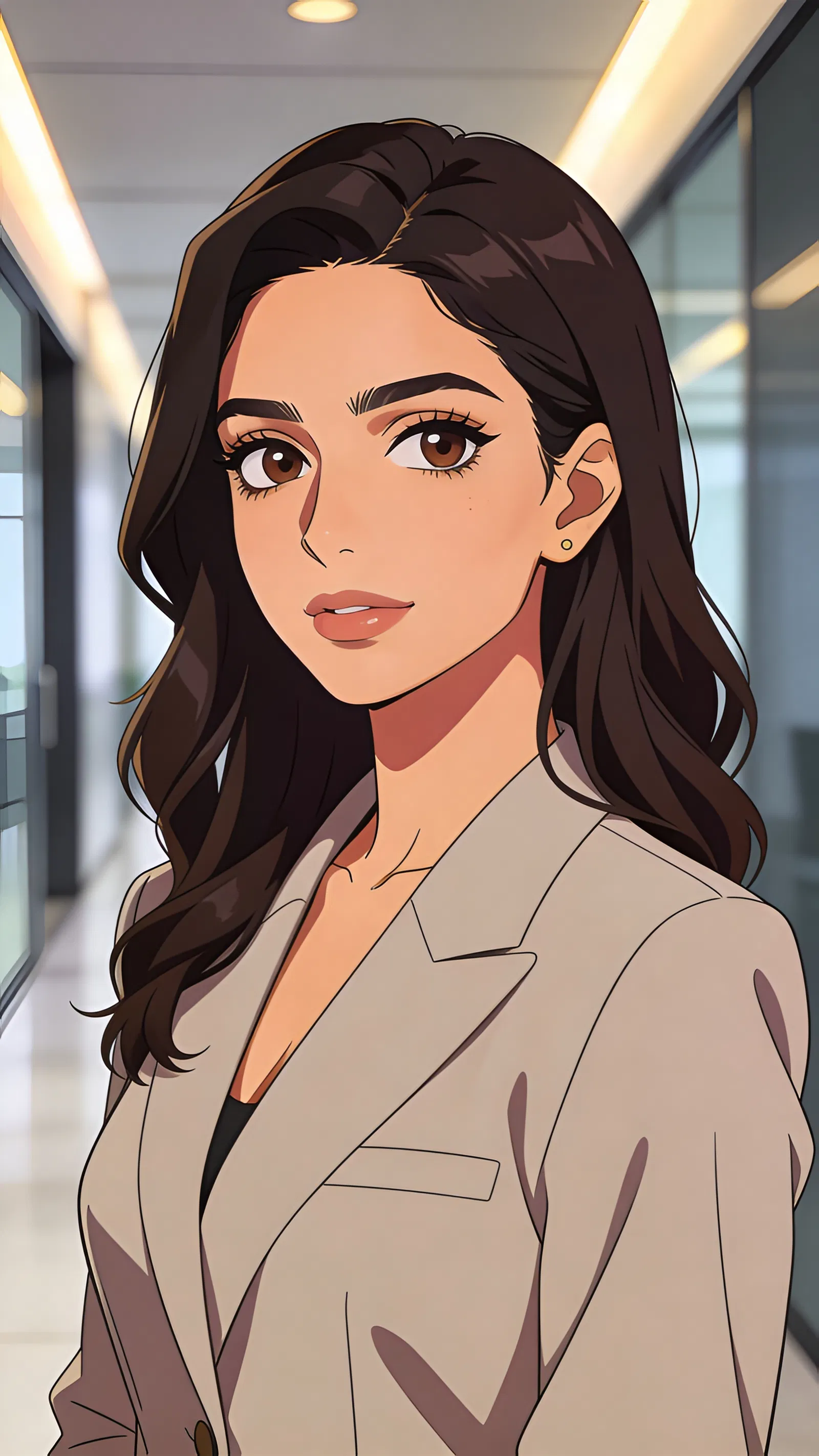 Anime profile picture of a Middle Eastern woman in a modern office hallway