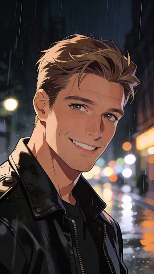 Anime profile picture of a White man in a leather jacket on a rainy night street