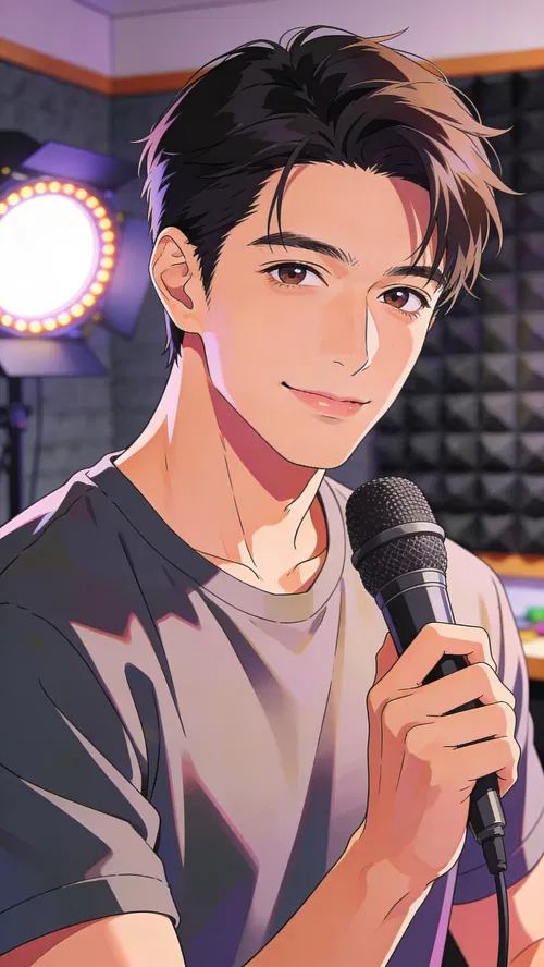 Anime profile picture of an East Asian man in a home studio holding a microphone