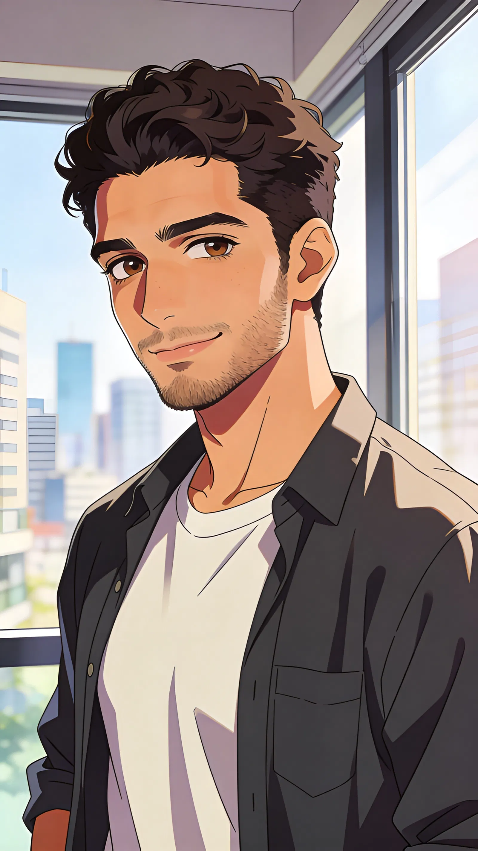 Anime-style apartment portrait of a Middle Eastern man by a window.