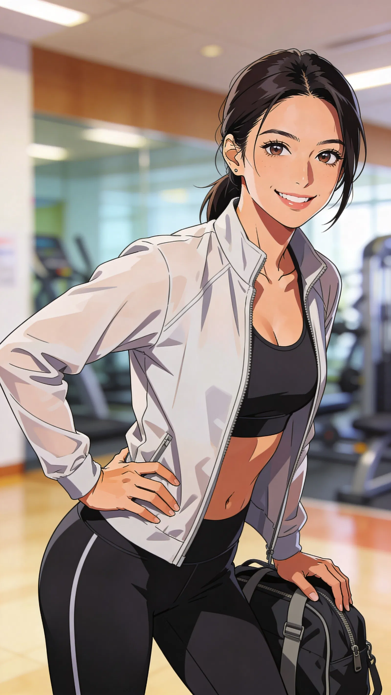 Anime-style athletic portrait of a Southeast Asian woman in a gym lobby.