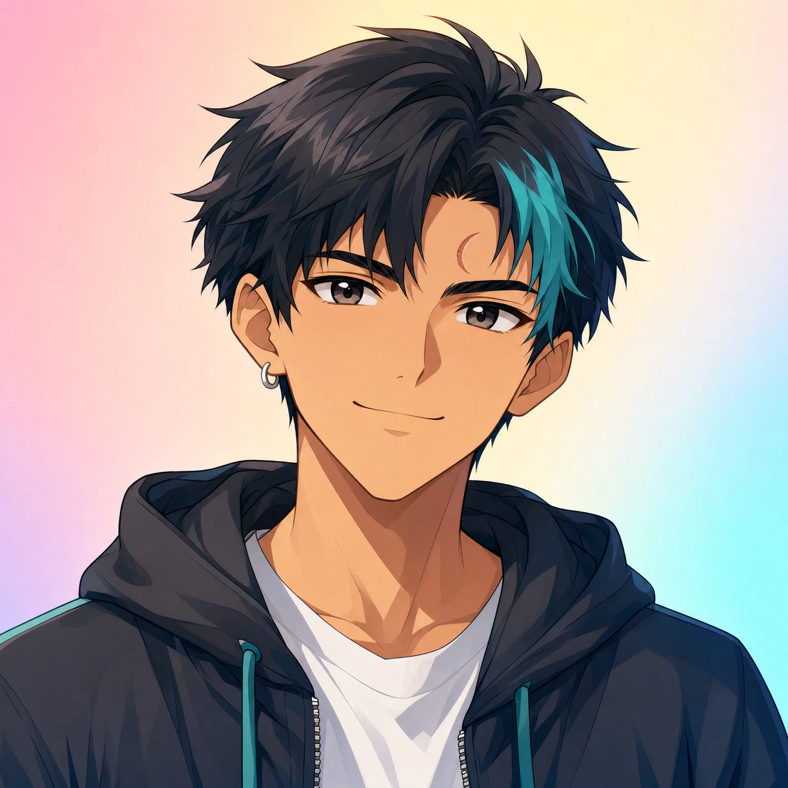 Anime-style avatar with teal hair streak and clean pastel background.