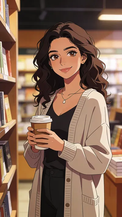 Anime-style bookshop portrait of a Middle Eastern woman holding a coffee cup.
