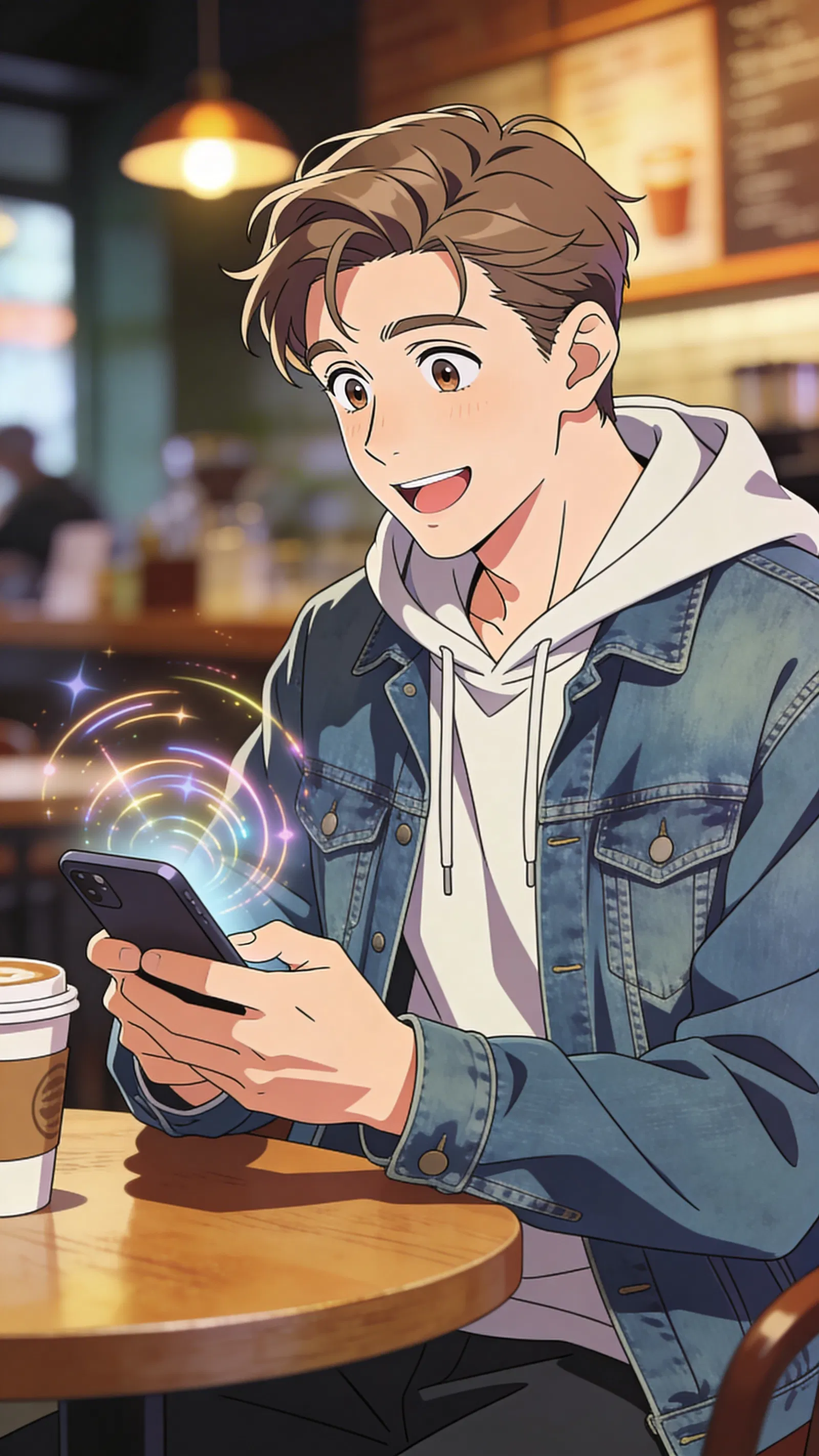 Anime-style café portrait of a White man reacting to his anime transformation.