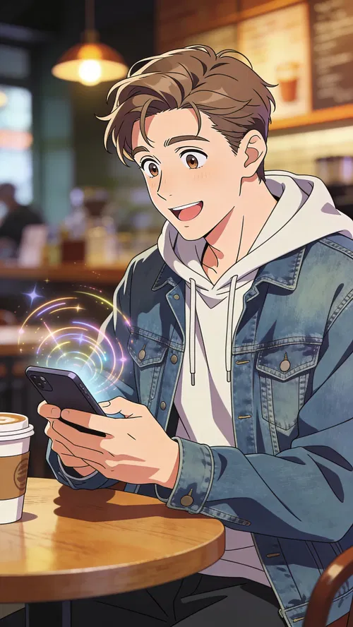 Anime-style café portrait of a White man reacting to his anime transformation.