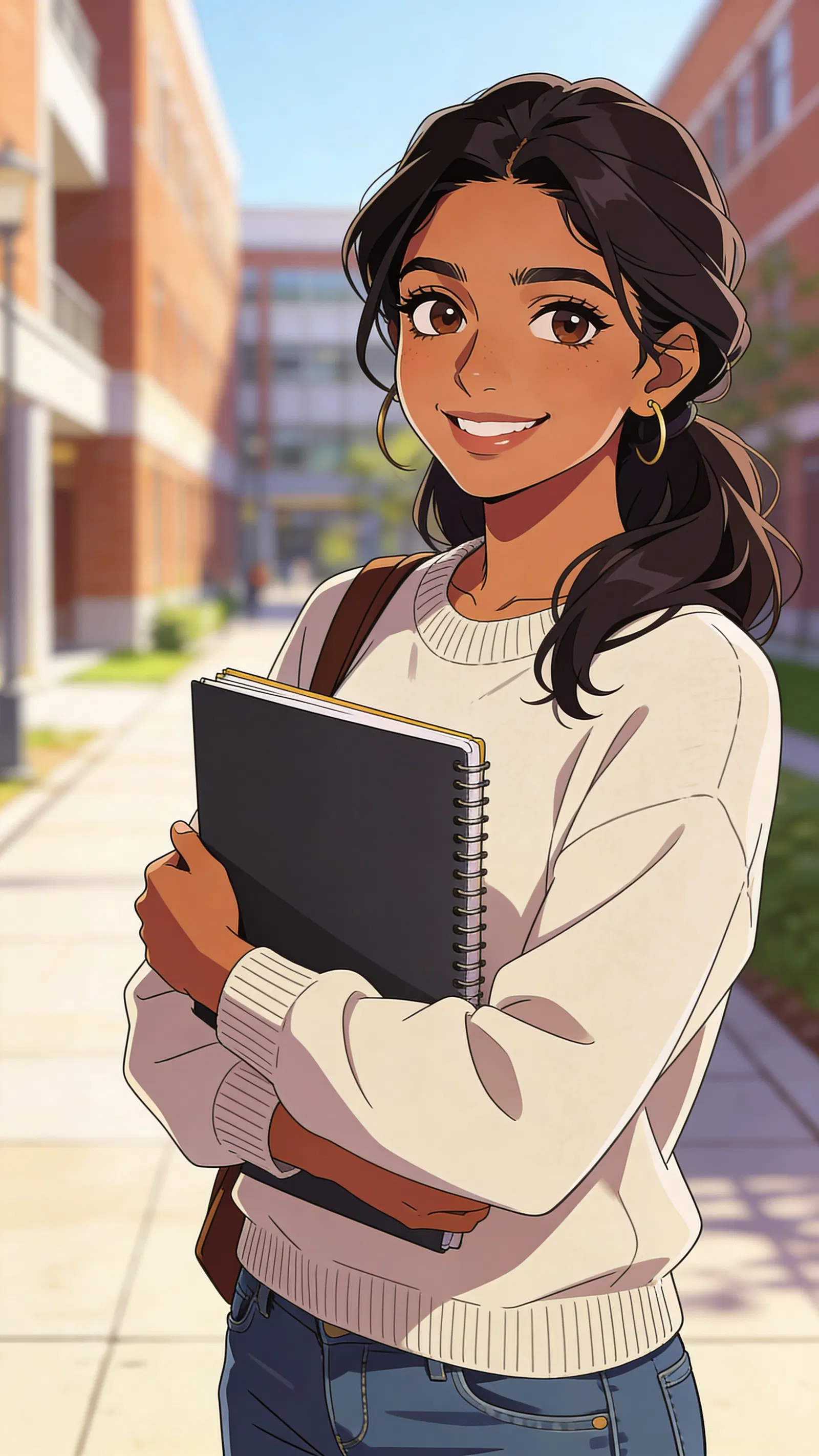 Anime-style campus portrait of a South Asian woman holding a notebook.