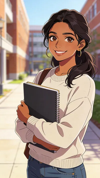 Anime-style campus portrait of a South Asian woman holding a notebook.